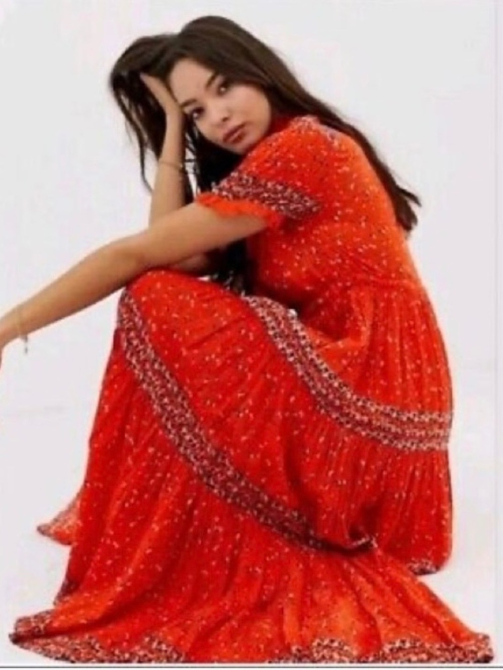 Free People Rare Feelings Red Tiered Boho Maxi Dress